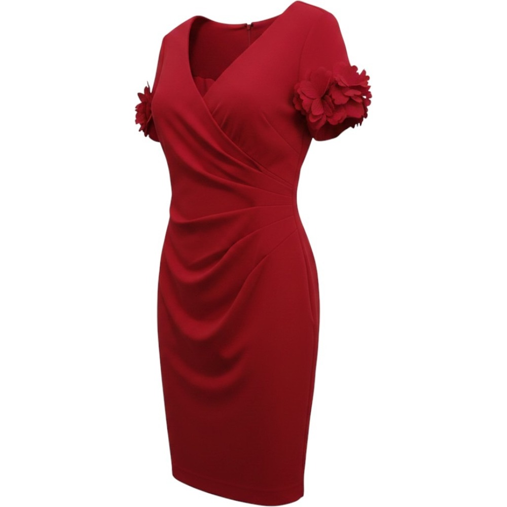 Adrianna Papell Red Rose 3D Flower Cuff Crepe Faux Wrap Sheath Dress 10 NWT